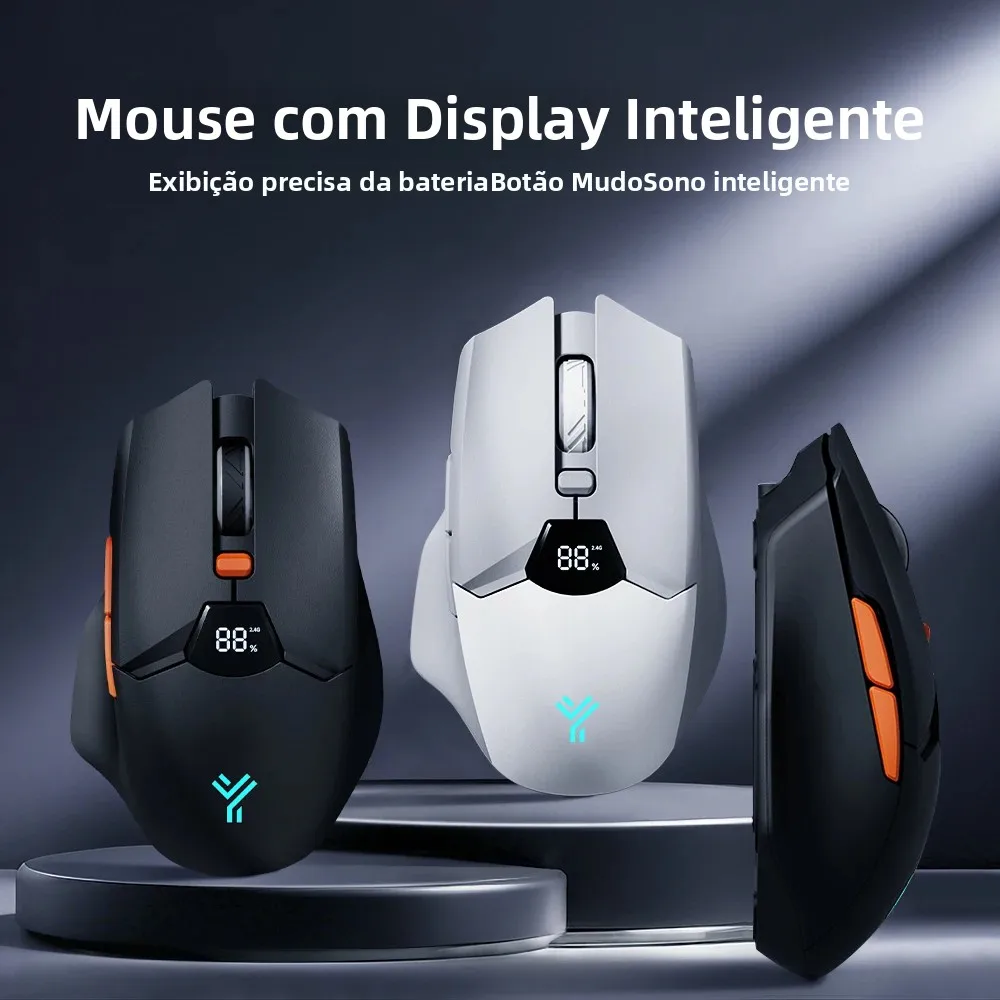 Mouse Sem Fio 2.4G & Bluetooth, DPI de 6 Níveis (800 a 6400), Bateria de 600mAh, Design Ergonômico para PC/Laptop, Preto & Cinza Branco