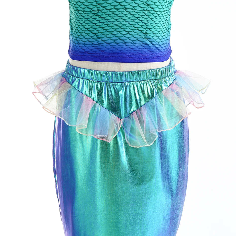 2024 NUOVO due pezzi sirena vestire top e gonna a coda ragazze spalle scoperte abito da principessa Ariel gioco di ruolo bambini abbigliamento di Halloween