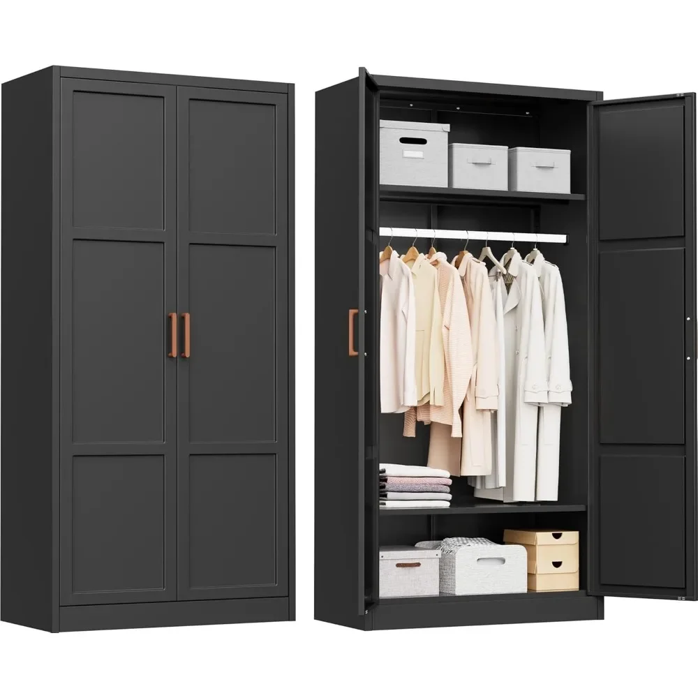 Metal Storage Cabinet with Hanging Rail, Black Wardrobe Closet, Cabinet with Two Doors