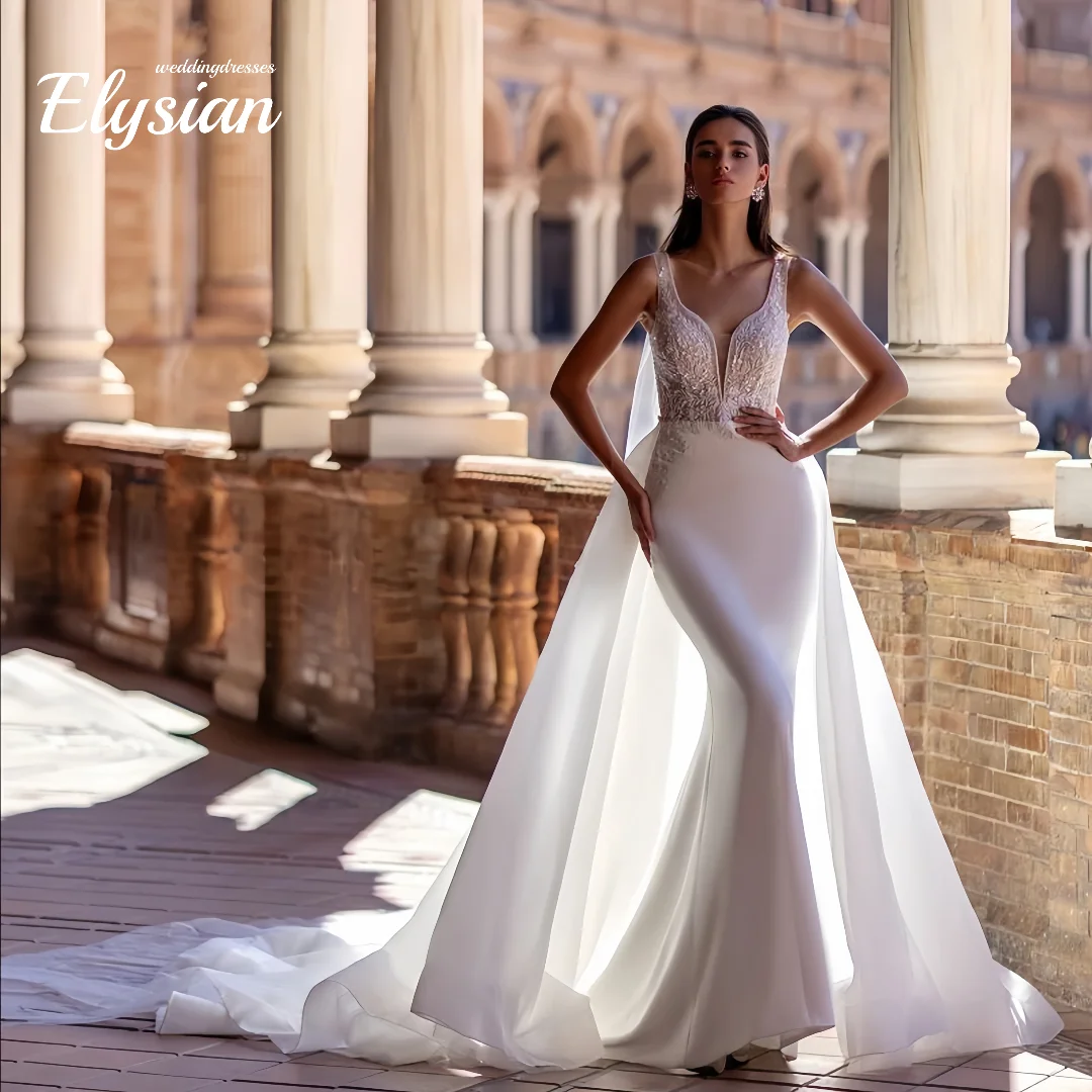 맞춤형 머메이드 섹시 웨딩드레스 민소매 레이스 탈부착 트레인 새틴 웨딩드레스