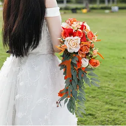 Burnt Orange Wedding Bouquets for Bride Rustic Boho Cascading Bridal Bouquet Flowers for Fall Vintage Wedding Party Ceremony Dec
