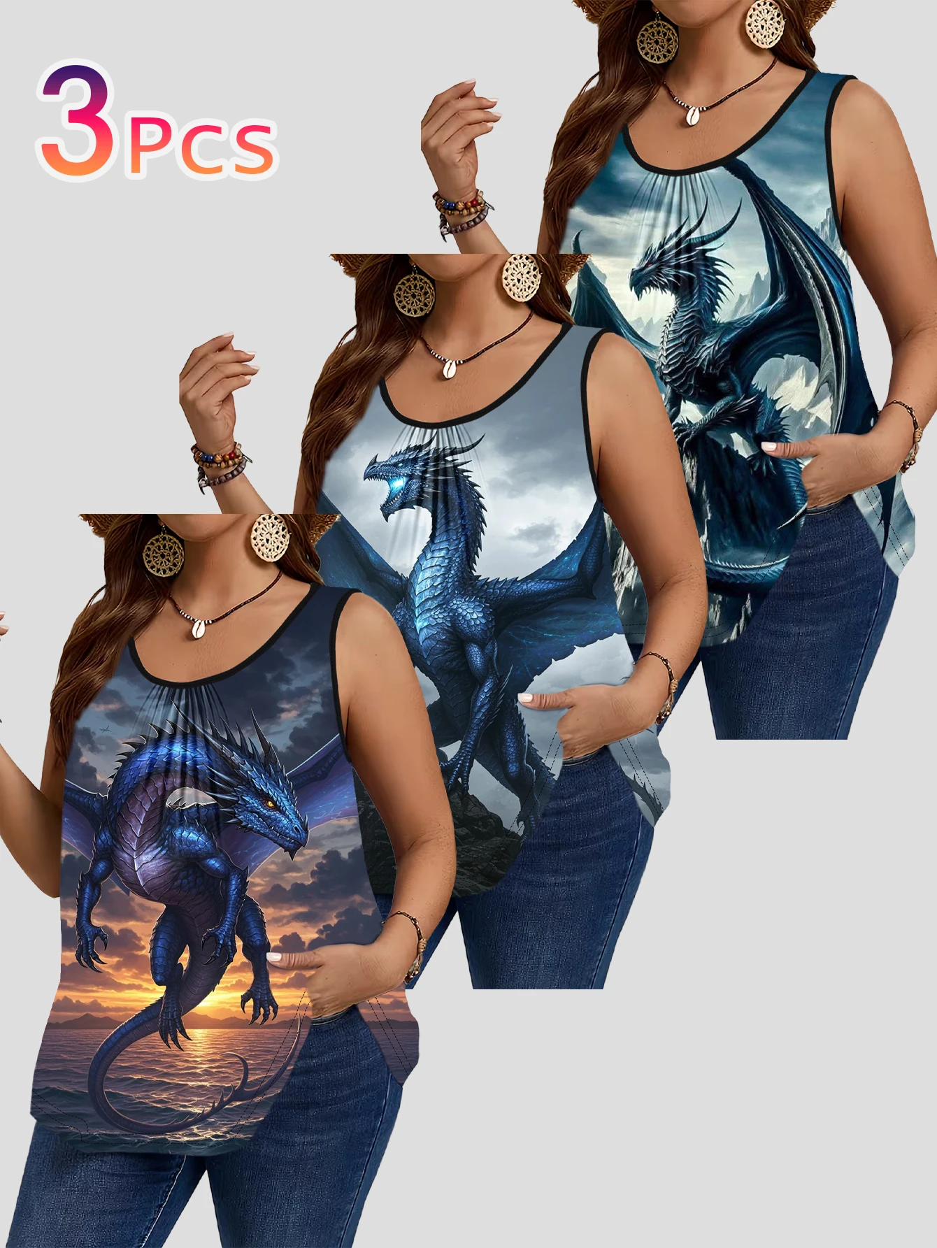 3-Piece Set of Plus-Size Women's Vests with Deep Sea Blue Dragon and Sea Flying Dragon Fantasy Beast Print, Loose Sleeveless Tops