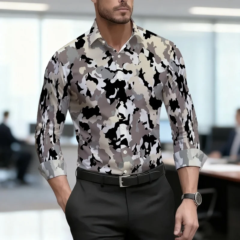 2026 New Men's Shirt Light Grey Camouflage Printed Long Sleeve Trendy Casual Slim Fit Versatile Top Comfortable Fabric XS-6XL