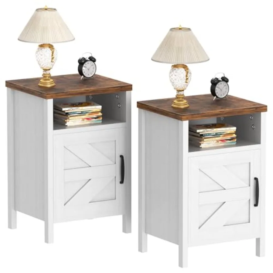 

End Table Nightstand Set of 2 Modern Bedside Table with Barn Door and Open Wood Shelf Side Table for Small Spaces Bedroom Stora