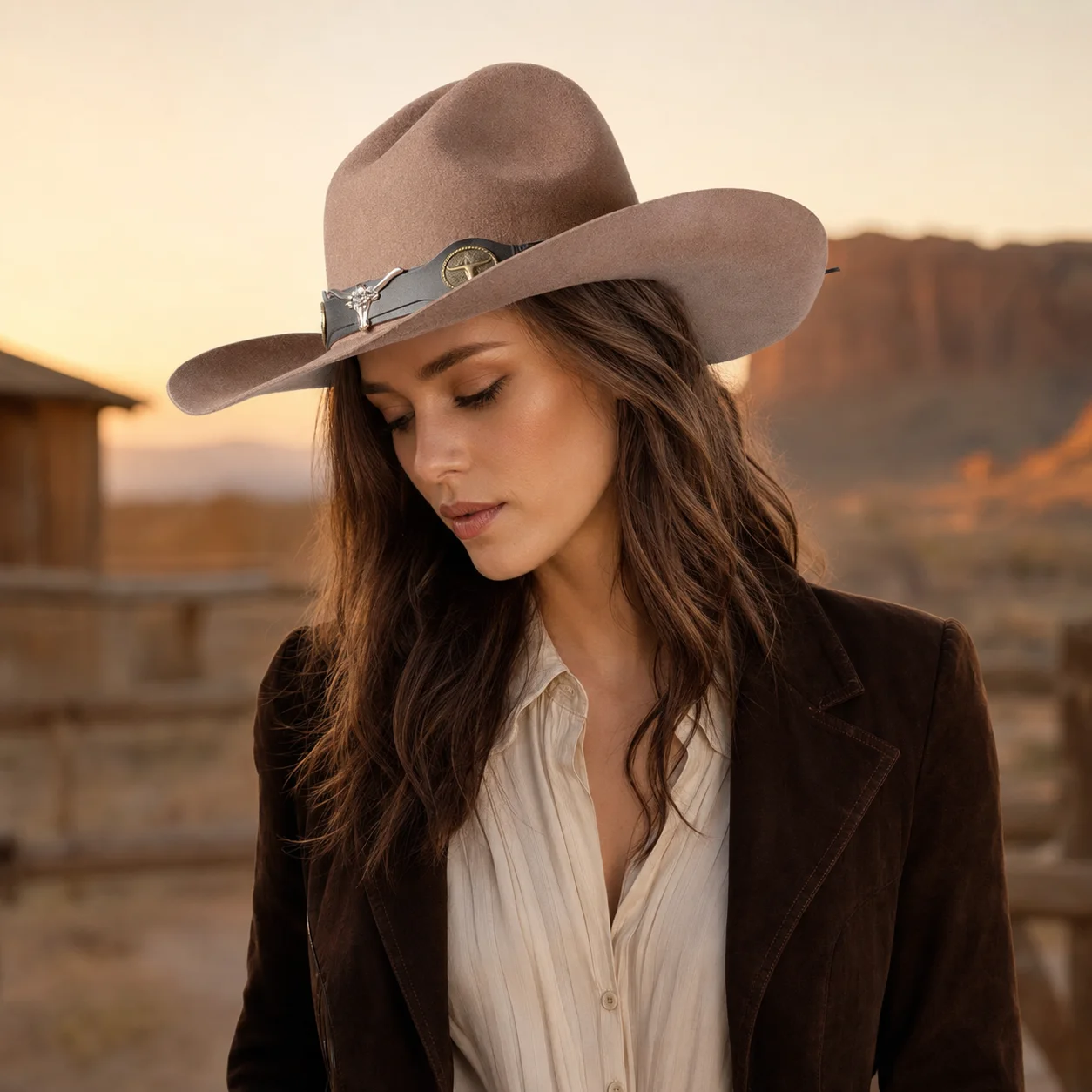 USPOP 100% Wool Gus Crown Cowboy Hat for Men and Women Wide Brim Western Felt Hat with Vintage Longhorn Concho Hatband