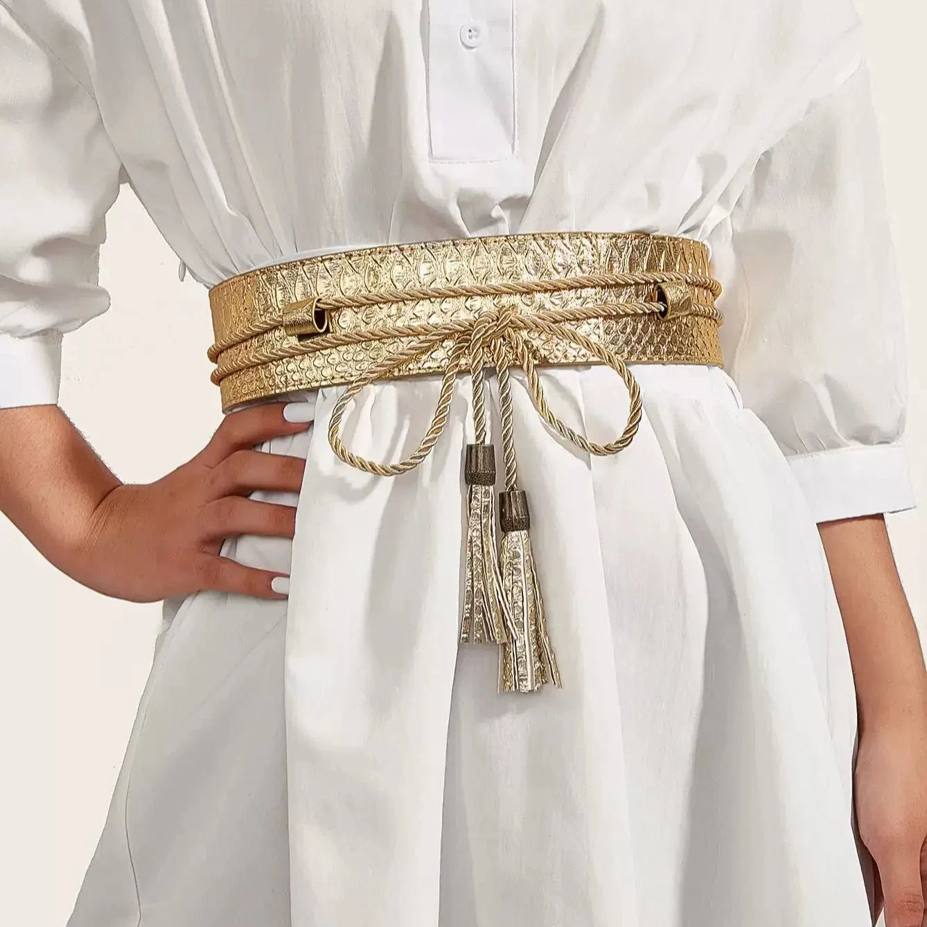 Woman 6cm Wide Faux Leather Rope Tie Belt Embellished Celebrity Belts Python Print Perfect Dress Accessory Gifts 3 size