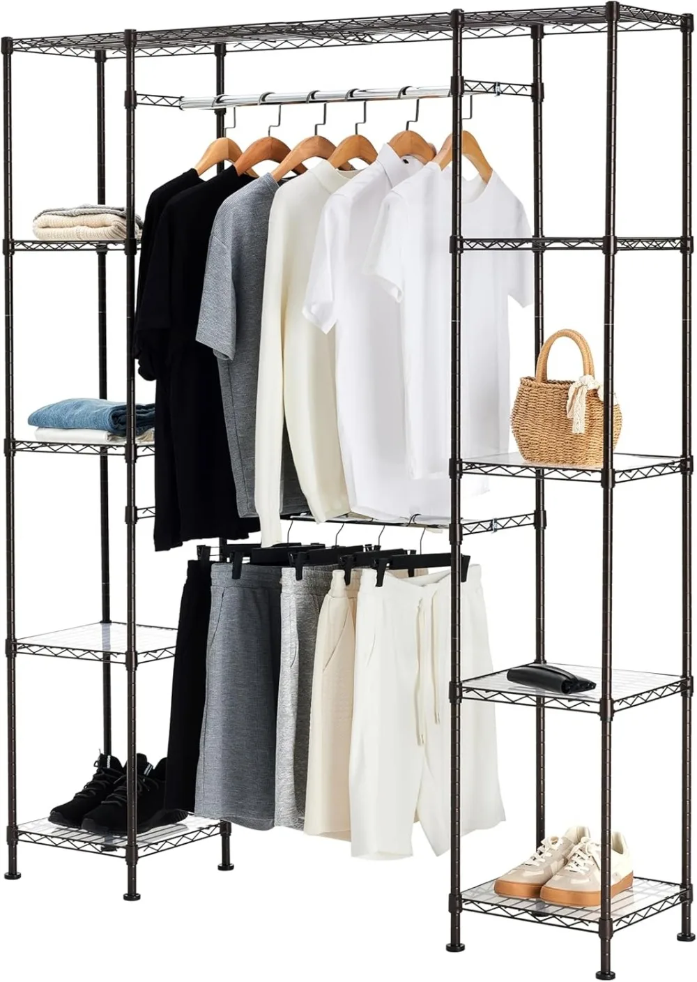 Basics Expandable Metal Hanging Closet Organizer and Storage Rack Wardrobe with Shelves, 57-80''L x 14''W x 72''H, Bronze