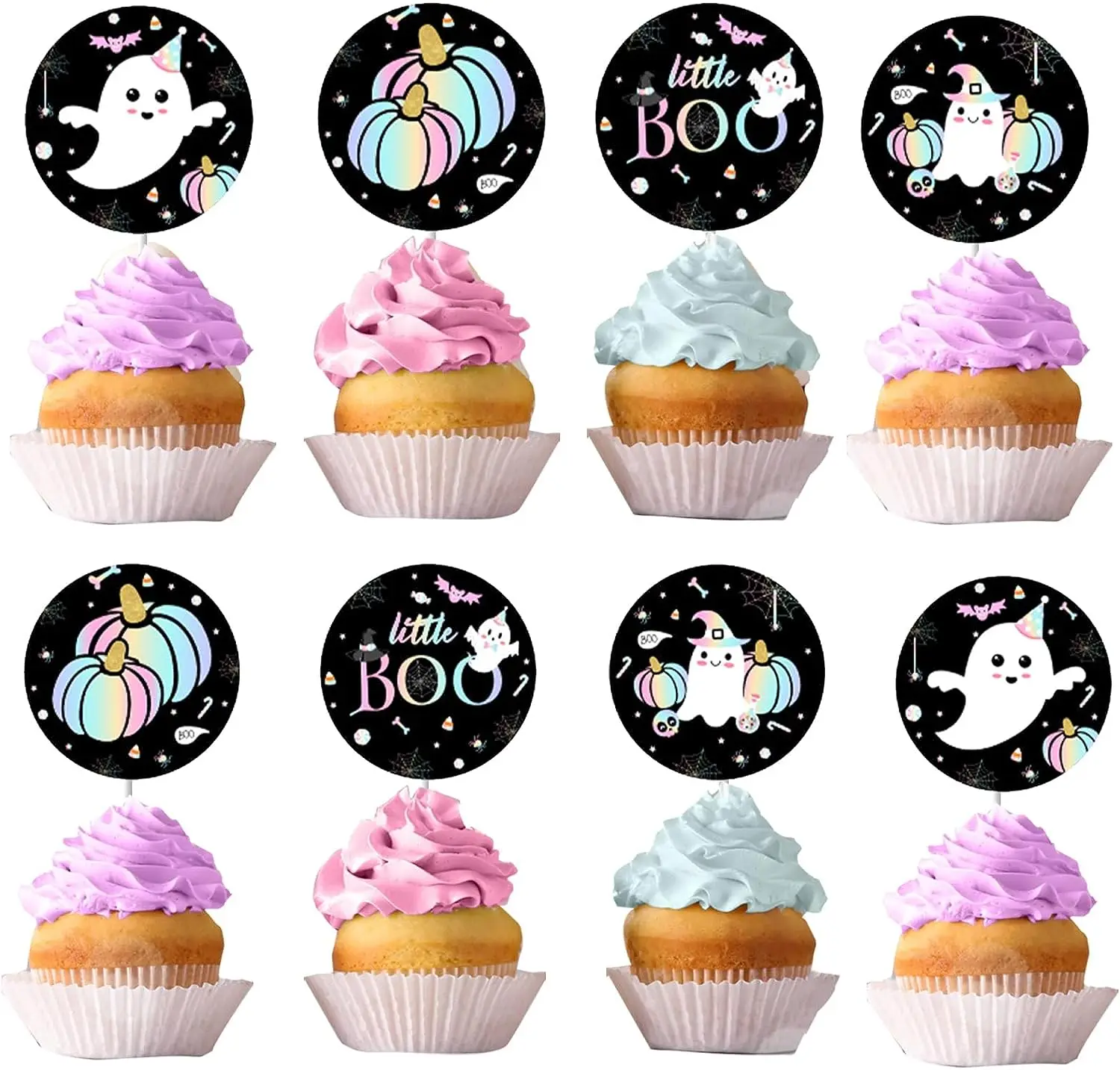 

36Pcs Halloween Little Boo Ghost Cupcake Toppers Baby Shower Decorations for Girl Pastel Pumpkin Ghost Table Cake Toppers Decors