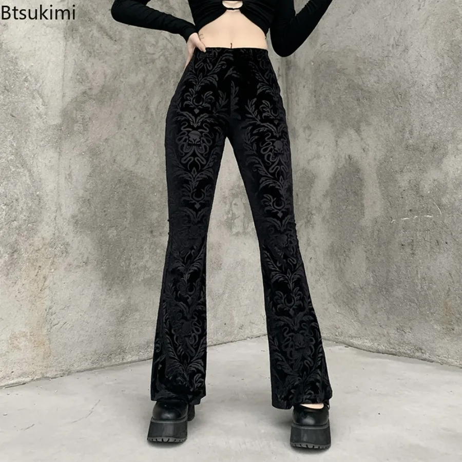 

2024 Women's Y2K Gothic Black Lace Mesh Flared Pants Sexy Aesthetic See Through Long Trousers Vintage Summer Pants Streetwear