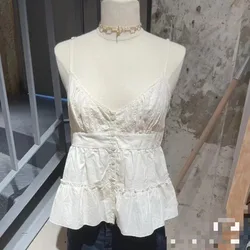 Floral Hollow Out Ruffle Tank Tops Women Cute Lace Trim V Neck Buttons Cotton Sleeveless Camis Top Vintage Sweet Cute Y2k Vest