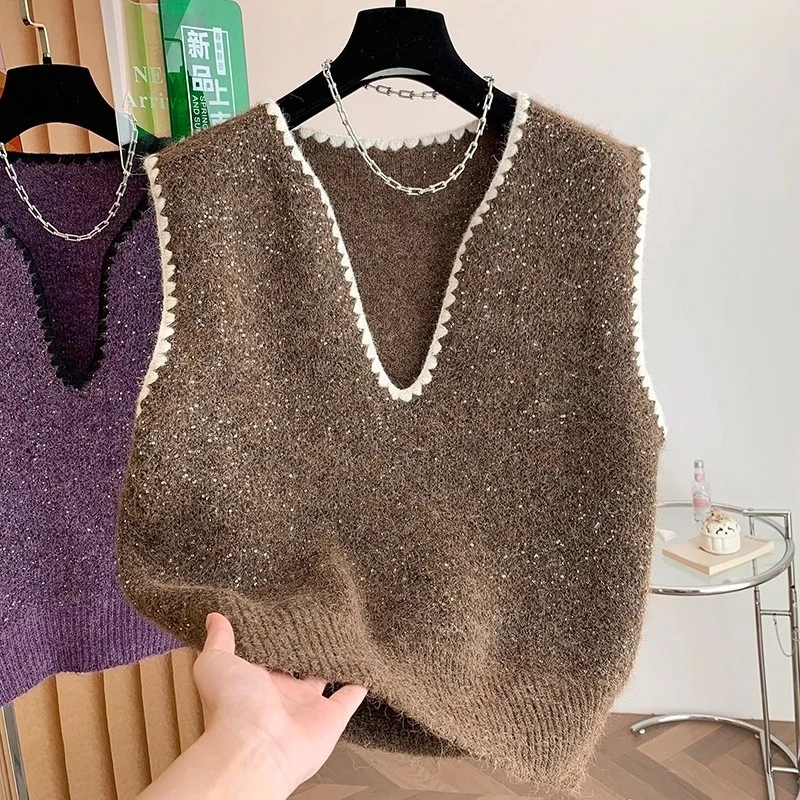 Sparkling Knitted Sweater Vest For Women Purple V-Neck Sleeveless 2026 Spring Autumn New Style, Stylish Outerwear Top W1683