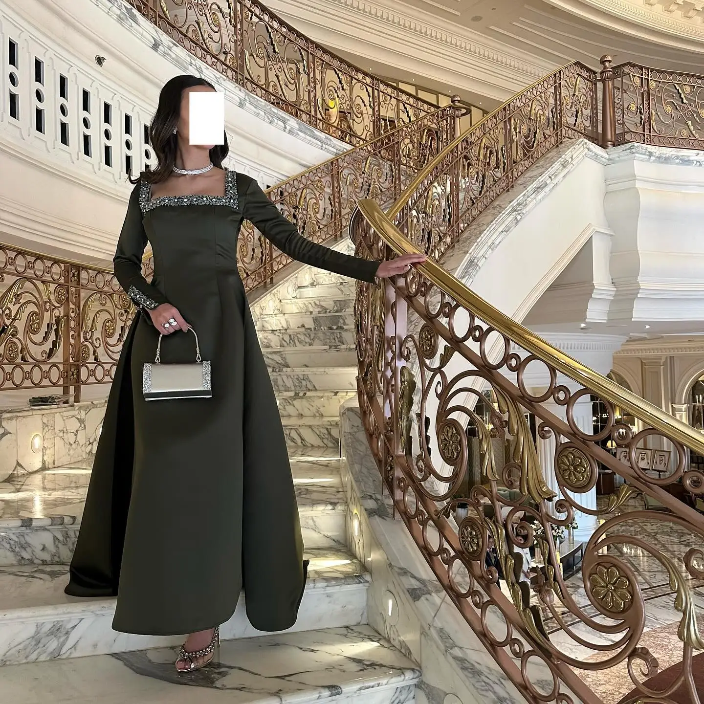 Jirocum Elegant Beaded Prom Dress Women Square Neck Long Sleeve customized Evening Gown Ankle Length Special Occasion Dresses