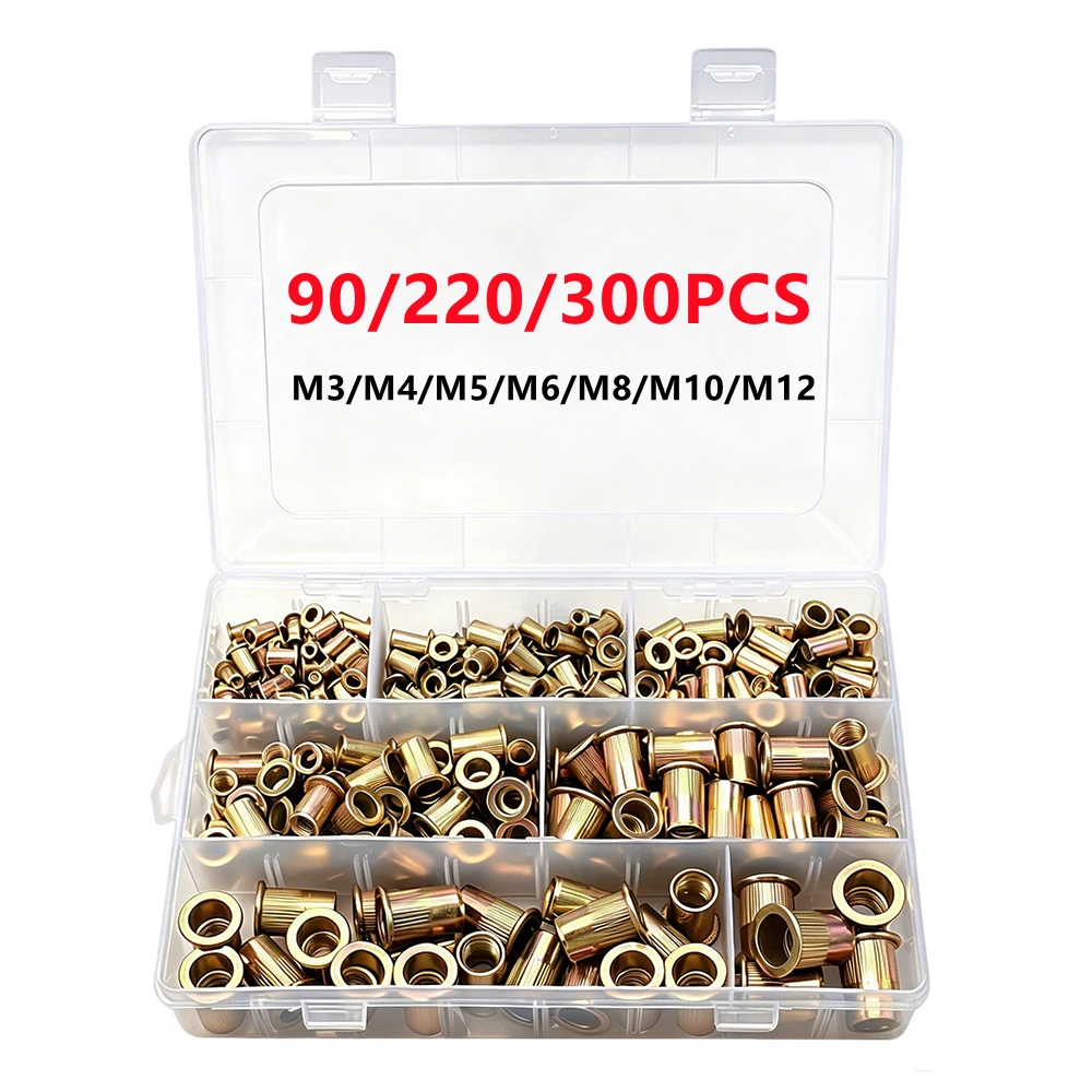 M3 M4 M5 M6 M8 M10 M12 Flat Head Countersunk Thread Rivet Nut Insert Rivnut Nutsert Carbon Steel 90/220/300PCS with Box