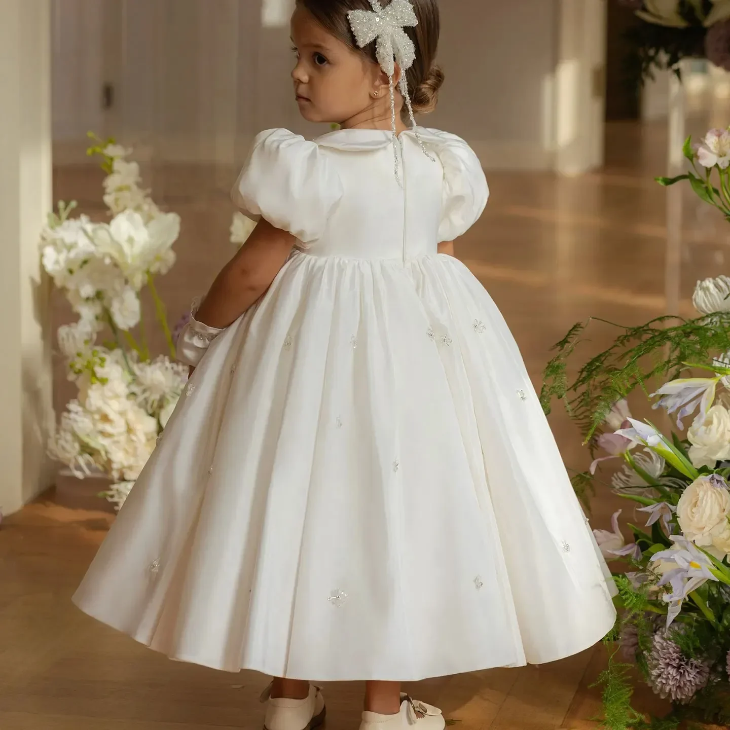 Vestido de satén blanco con solapa de Peter para niña, vestido de cumpleaños para boda, primera comunión, fiesta personalizada, trajes de dama de honor, regreso a casa