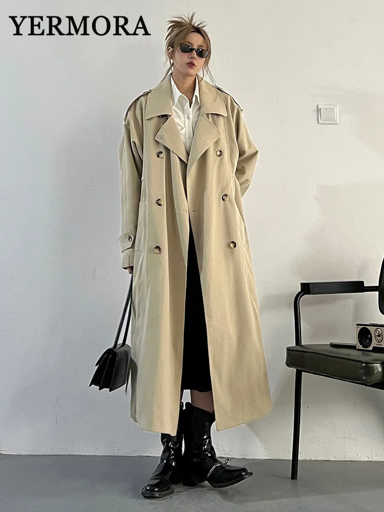 YERMORA Apricot Belted Big Size Trench Women New Lapel Long Sleeve Loose Fit Windbreaker Fashion Tide Spring Autumn 2024