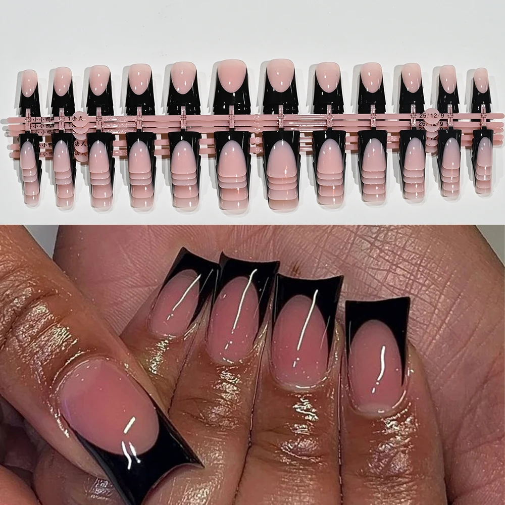120 Stück Entenschnabel Schwarze Französische Nagelspitzen Nude Rosa Glänzende Tragbare Künstliche Nägel Kurze Quadratische Entenschnabel Weiche Gel-Aufklebenägel – Detail 3
