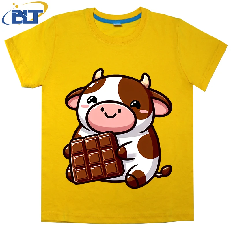 Camiseta con estampado de vaca de Chocolate para niños, top informal de manga corta de algodón puro, adecuado para niños y niñas, Verano