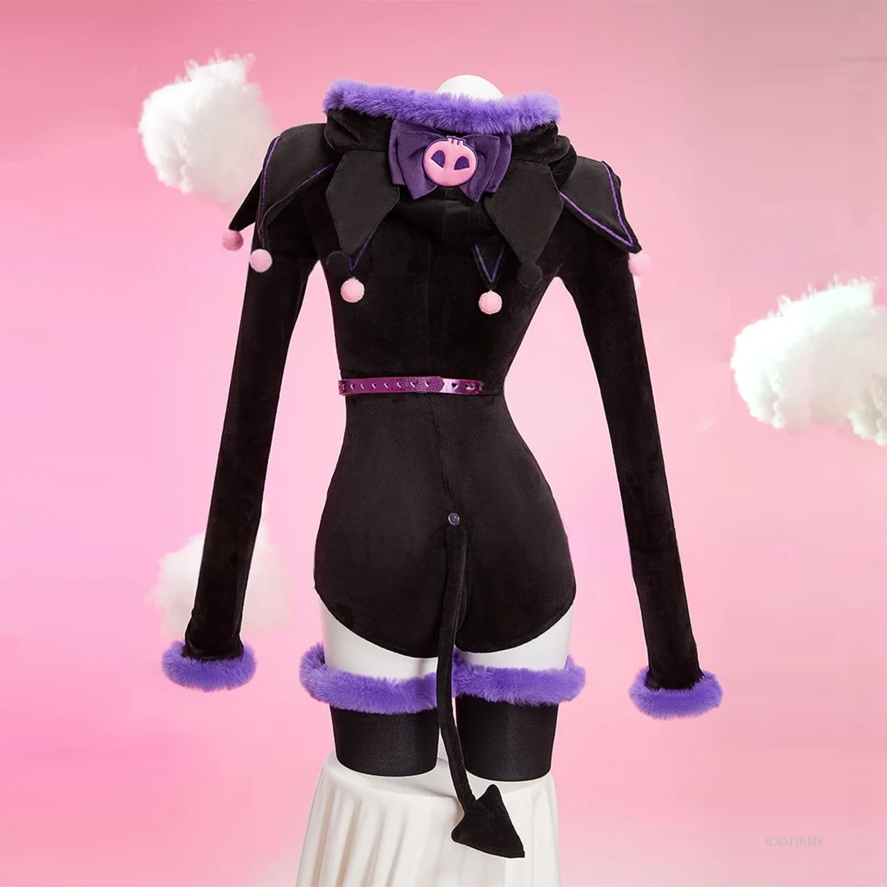 Anime Purple Devil Costume Cosplay Tuta sexy con cappuccio da donna Calzini a coda Set Bunny Girl Cartoon Pigiama di peluche Tuta Kawaii