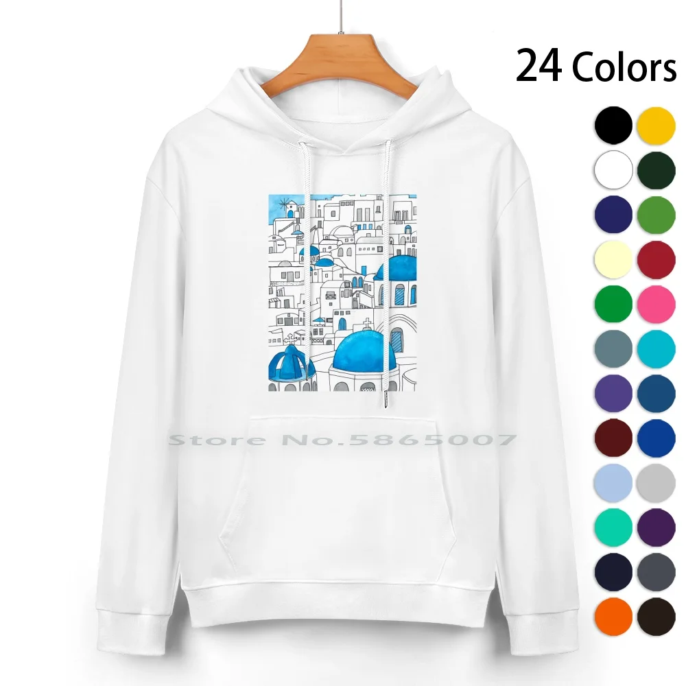 Santorini Blue And White Paradise Pure Cotton Hoodie Sweater 24 Colors Santorini Paradise Greece Ink Drawing Watercolor