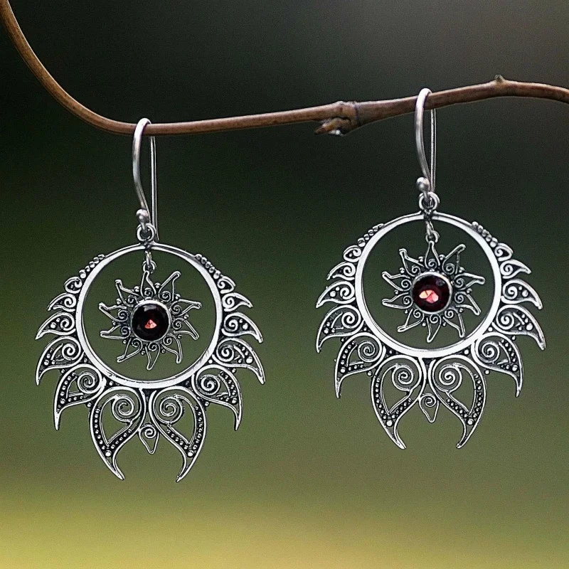 Vintage  Silver Color Earrings Hindu Shiva Fire Earrings Dangle Red Ston Women's Earrings Jewelry Gift