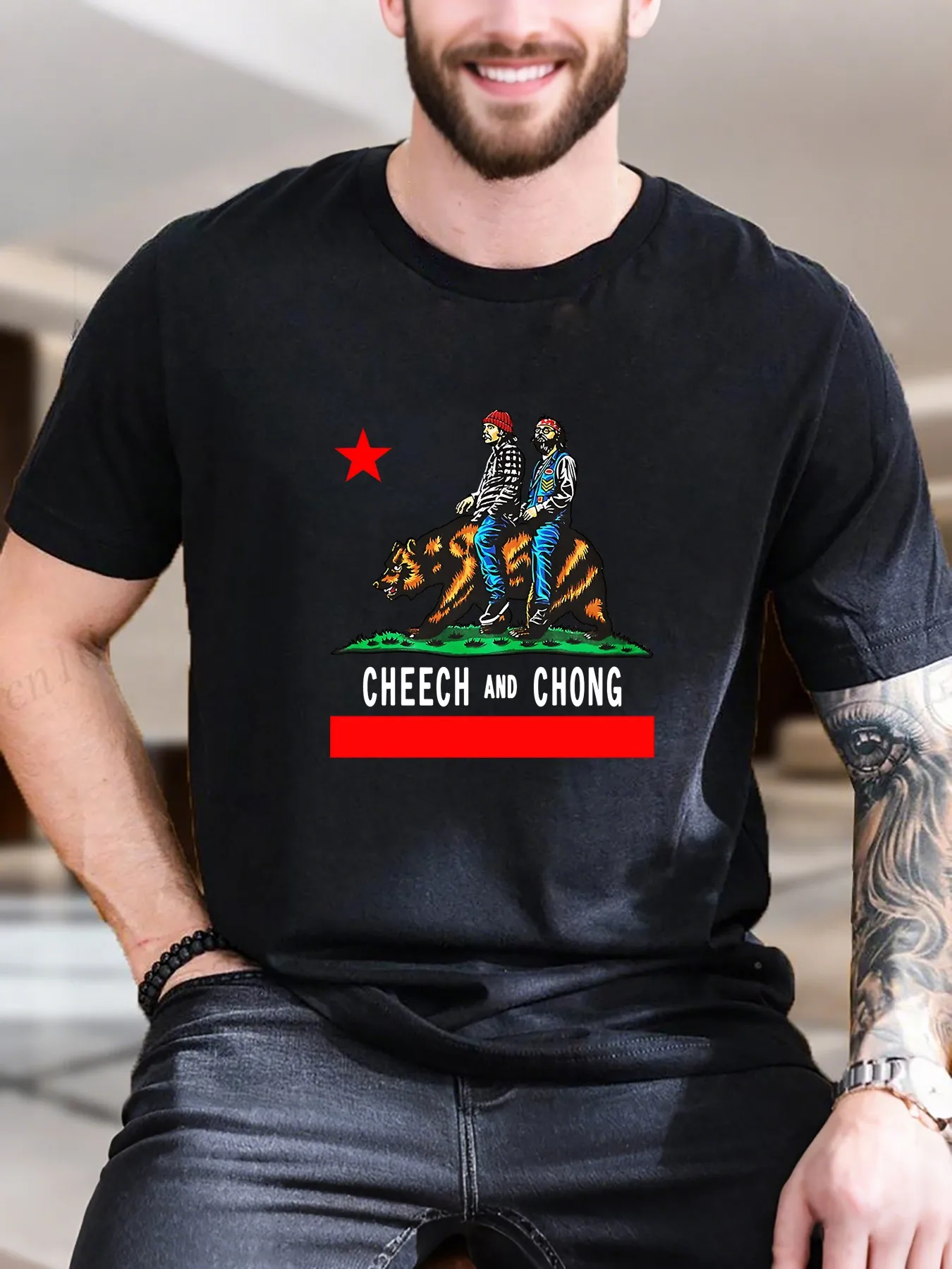 

New Arrival Fashion Men's Graphic Print T-Shirt Soft Cotton Bear Riding Couple Design Trendy Casual Summer Tee Breathable Comfortable