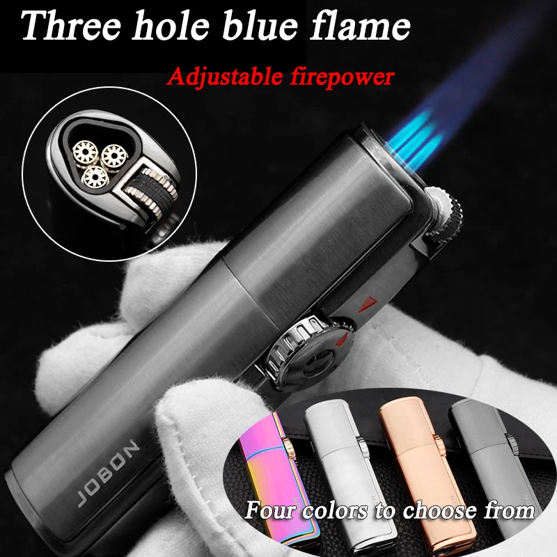 

Ветрозащитная металлическая зажигалка с тремя отверстиями и прямым синим пламенем, с регулировкой пламени и пробойником для сигар, для кемпинга и барбекю