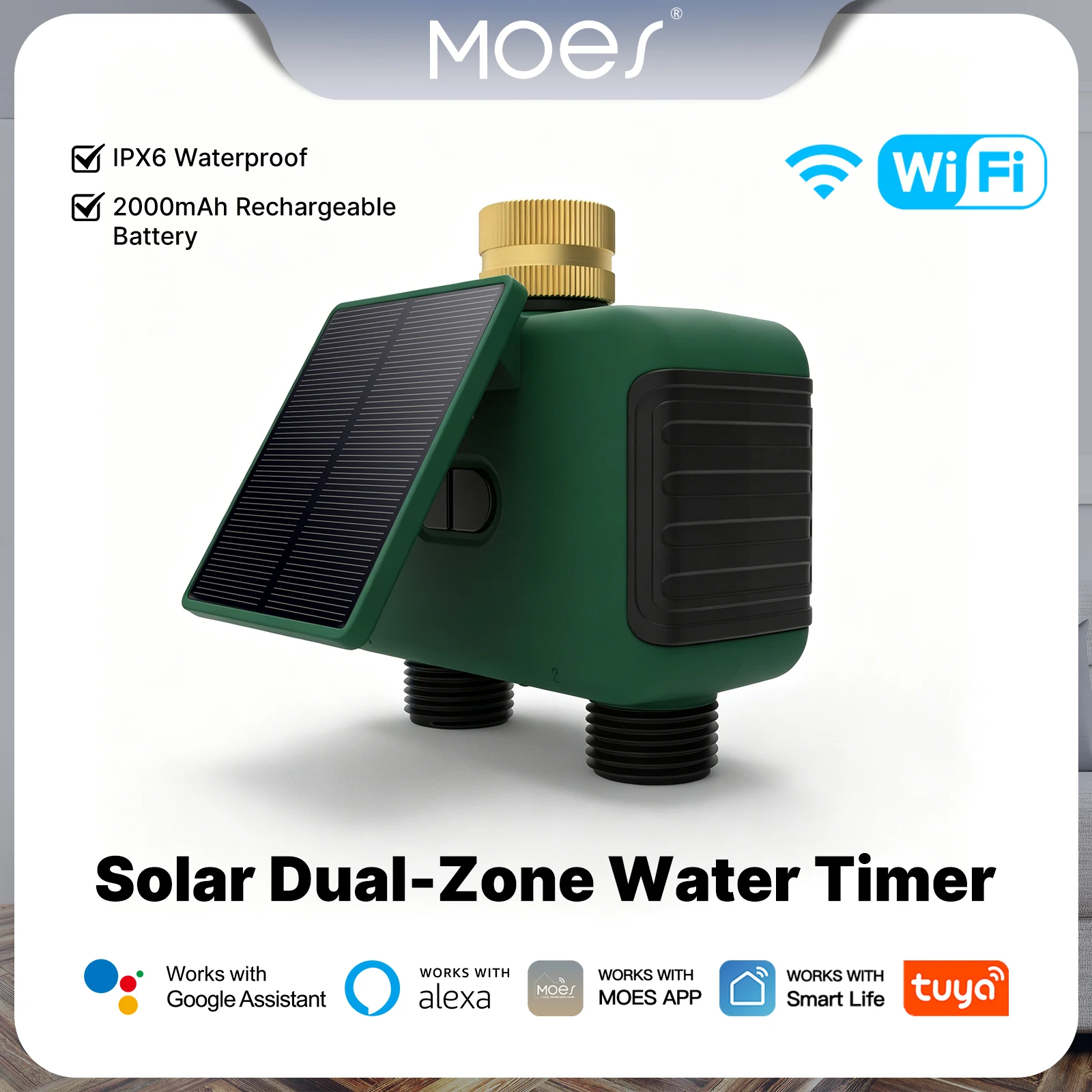 MOES Tuya WiFi Smart Solar Dual Zone Water Sprinkler Timer 2 Outlet Valve Controller APP Remote Voice Support Alexa Google Home
