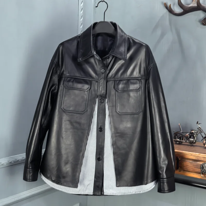 Autunno Inverno Nuovo Sle Donna Vera Pelle Jaet eepskin Cappotto Allentato Moto Sle Falso Colletto in Due Pezzi Design