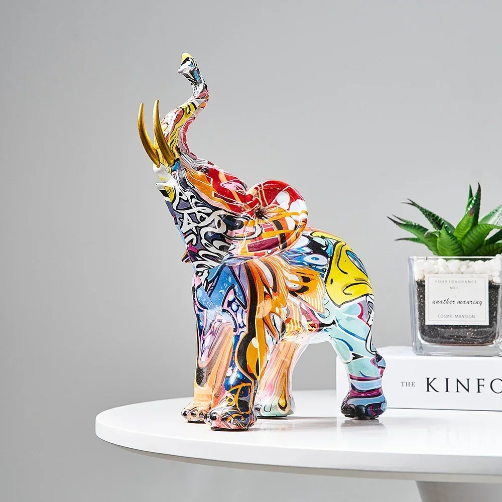 

Colorful Elephant Art Sculpture Creative Home Decoration Modern Graffiti Statue Ornament Office Desktop Decor Resin Accessories