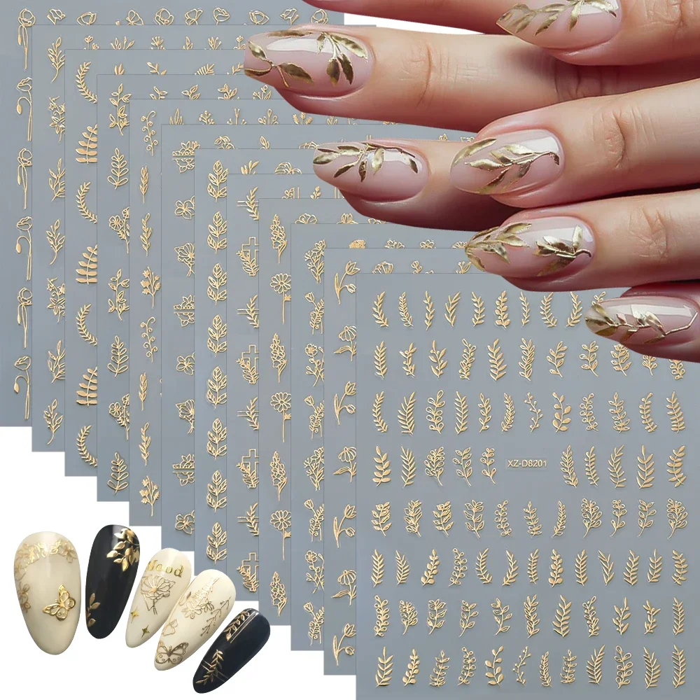 12pcs Metal Simple Leaf Nail Stickers 3D Gold Leaves Flower Bronzing Self-Adhesive Slider Nail Decals DIY Manicure Decoration