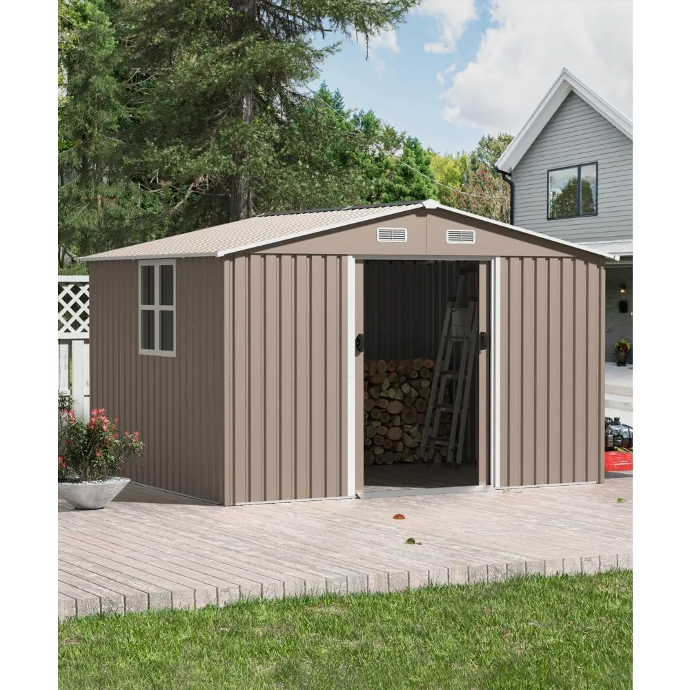 

10FT x 8FT Outdoor Storage Shed, Waterproof Lockable Door Metal Tool Shed with Sliding Door and Ventilation, Gardening Tool Stor
