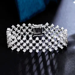 ThreeGraces Elegant Cubic Zirconia Silver Color Big Wide Statement Bracelet for Women Luxury Bridal Wedding Party Jewelry BR268