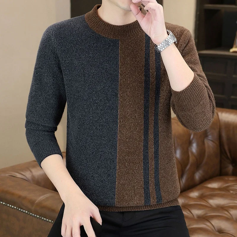 두꺼운 가을 겨울 남성 니트 스웨터 후드 반하이 칼라 따뜻한 폴리에스터 섬유 스트라이프 패턴 캐주얼 스타일 시티워크
