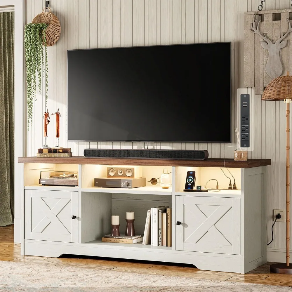 

TV Stand for 65 Inch TV, Farmhouse Entertainment Center with Power Outlet & LED Light and Storage Cabinets, Console Table and M