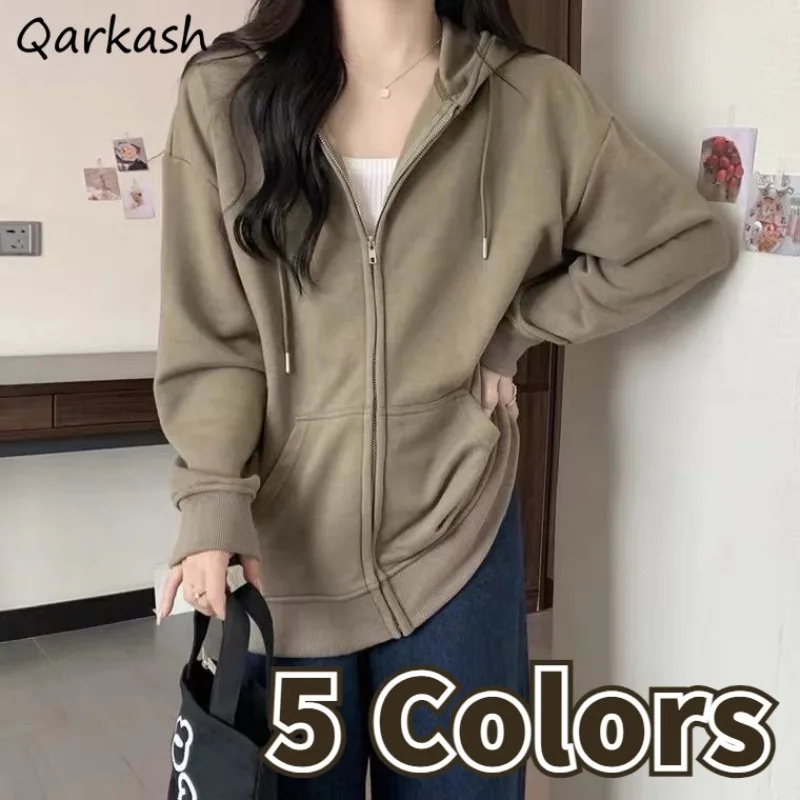 

Куртки с капюшоном, женская одежда, уличная одежда на молнии, однотонные, мешковатые, винтажные, повседневные, в стиле Харадзюку, уютная, для девочек, в корейском стиле, универсальные, на каждый день