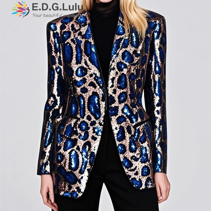 EDGLuLu 2025 Jaket Setelan Gambar Macan Tutul Payet Glitter Desain Baru Musim Semi untuk Wanita Mantel Blazer Lengan Panjang Kerah V 0222