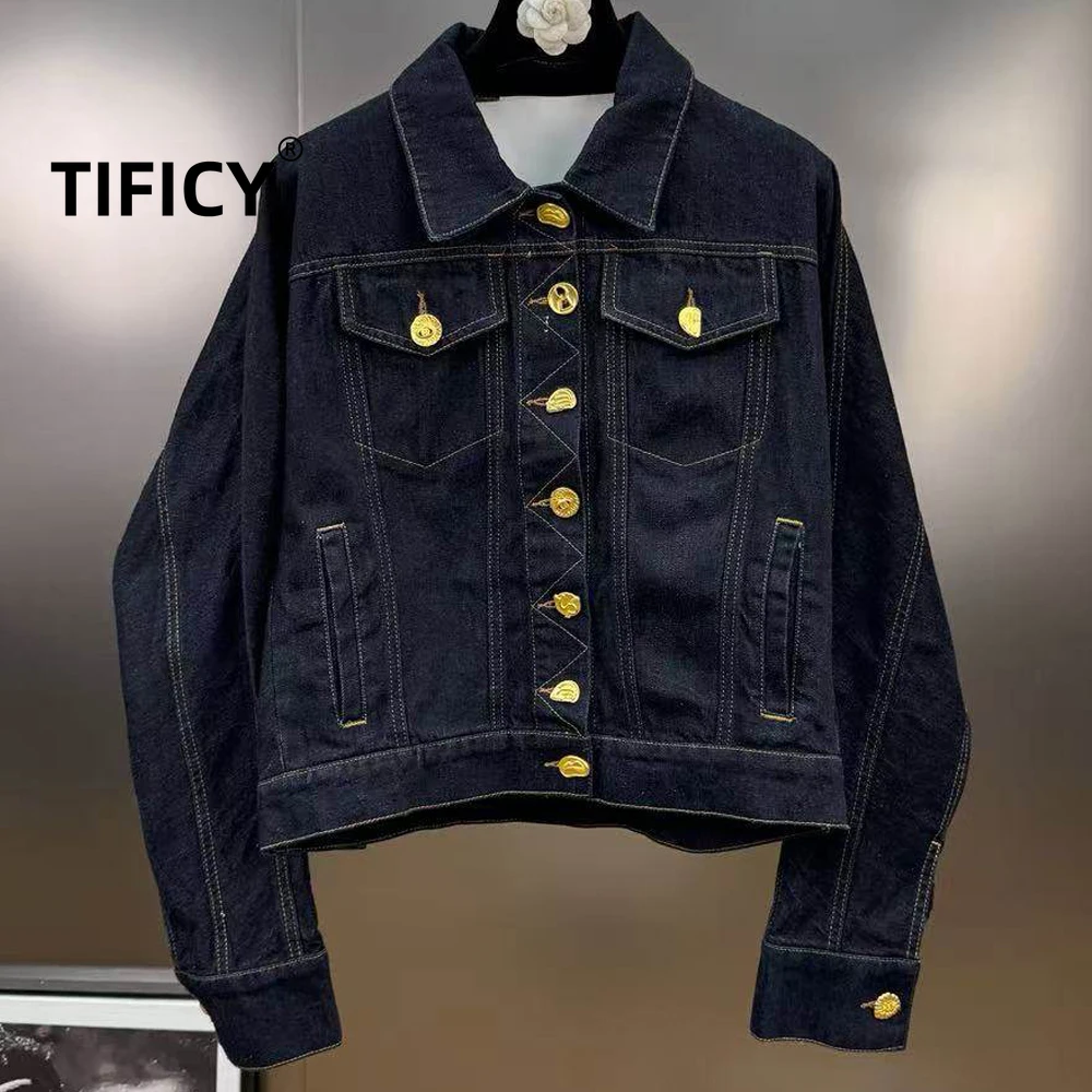 

High Street Jackets Women's Autumn New Heavy Industry Metal Buckle Line Design Wind Flip Collar Long Sleeve Casual Cowboy Coat