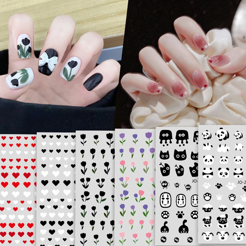 

3D stickers press on nails supplies cute panda cat flowers heart designs DIY manicure decorations sliders foil nail art decals