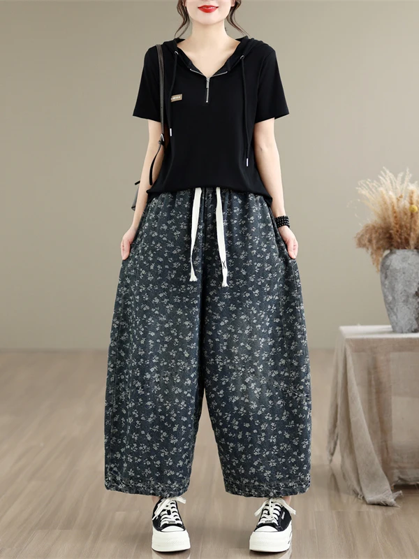 

Summer 2026 New Loose Casual Printed Straight Leg Pants Women's Slimming Versatile Elastic Waist Nine-Piece Pants Women