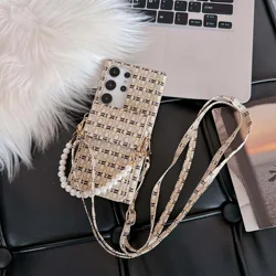 Crossbody Bag Pearl Wrist Strap Weaving Grid Pattern Phone Case for Samsung Galaxy S24 S23 S25 Ultra S22 Plus Protective Case