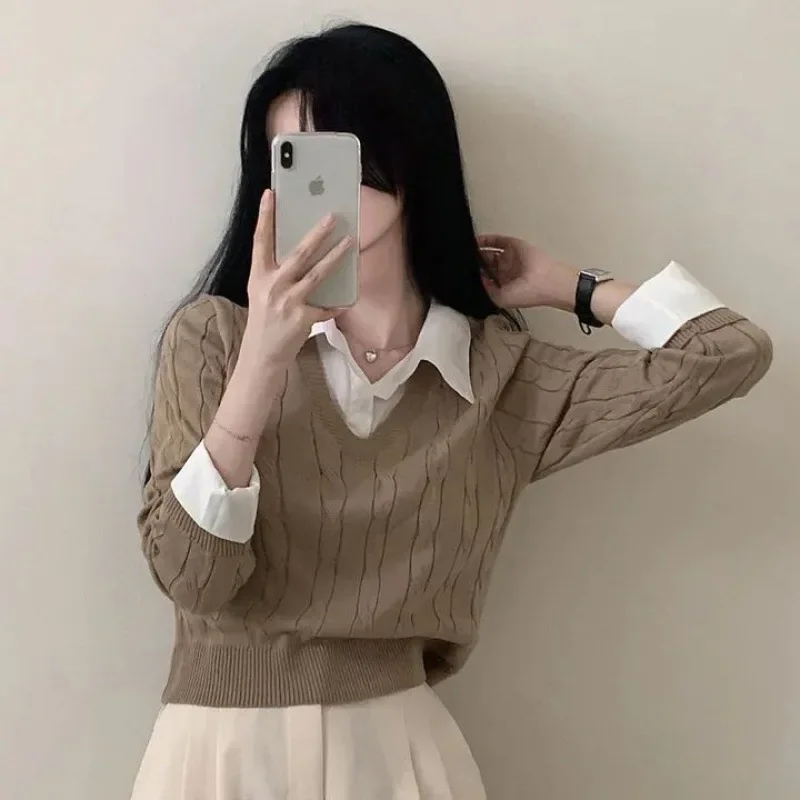 Korean Chic Spring and Autumn Age-Reducing Sweaters Retro Temperament Preppy Fake Two Pieces Shirts Twist Knit Women's Y2k Tops