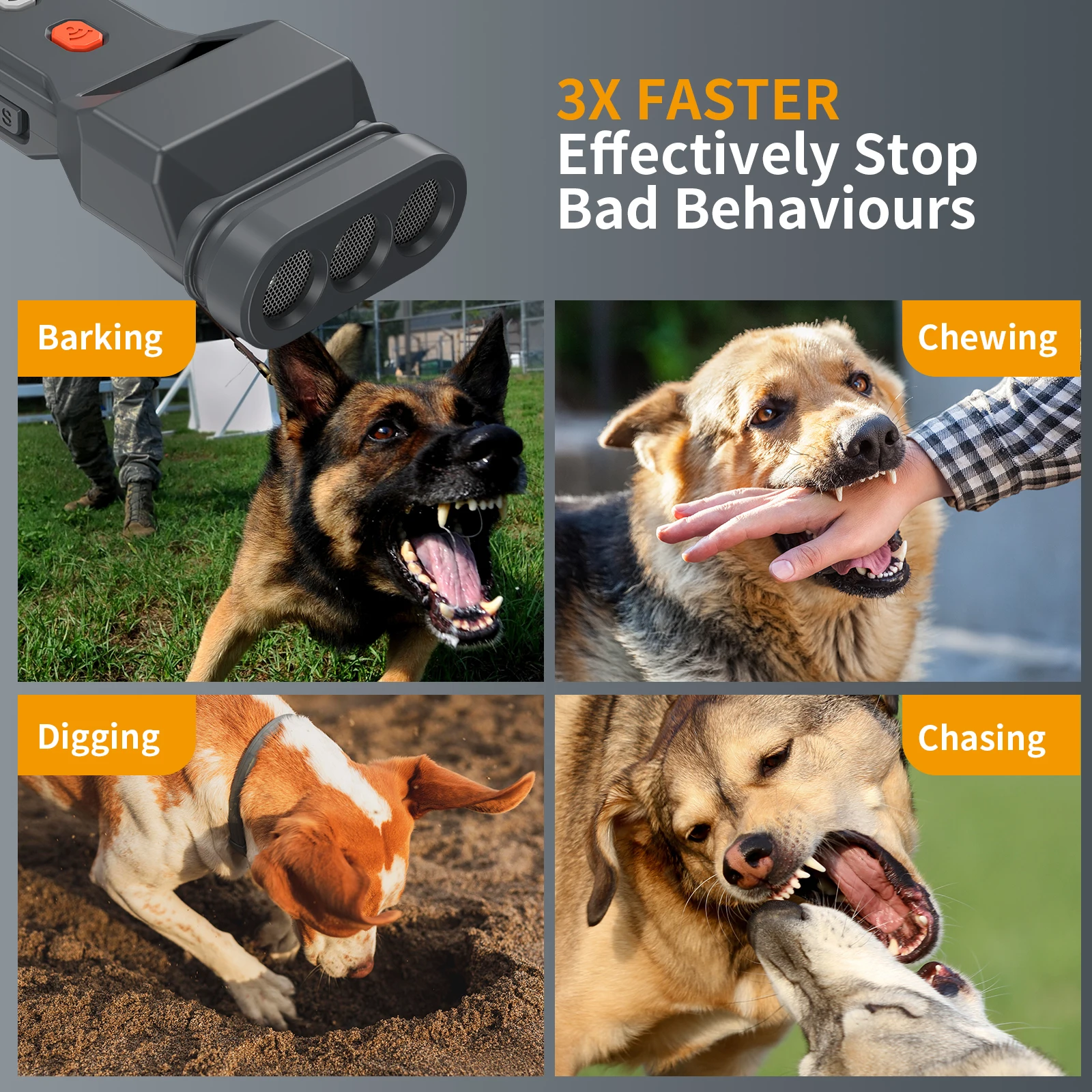 3 Ultrasonic Transmitter Dog Repeller, Stop Barker with Flashlight and Beeper, USB Rechargeable