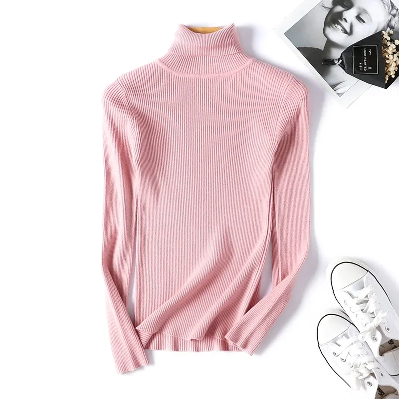 Turtleneck Pull Knitted Sweater 2024 Spring Autumn Clothes Long Sleeve Jumper Women Streetwear Skinny Solid Basic Soft Sweater