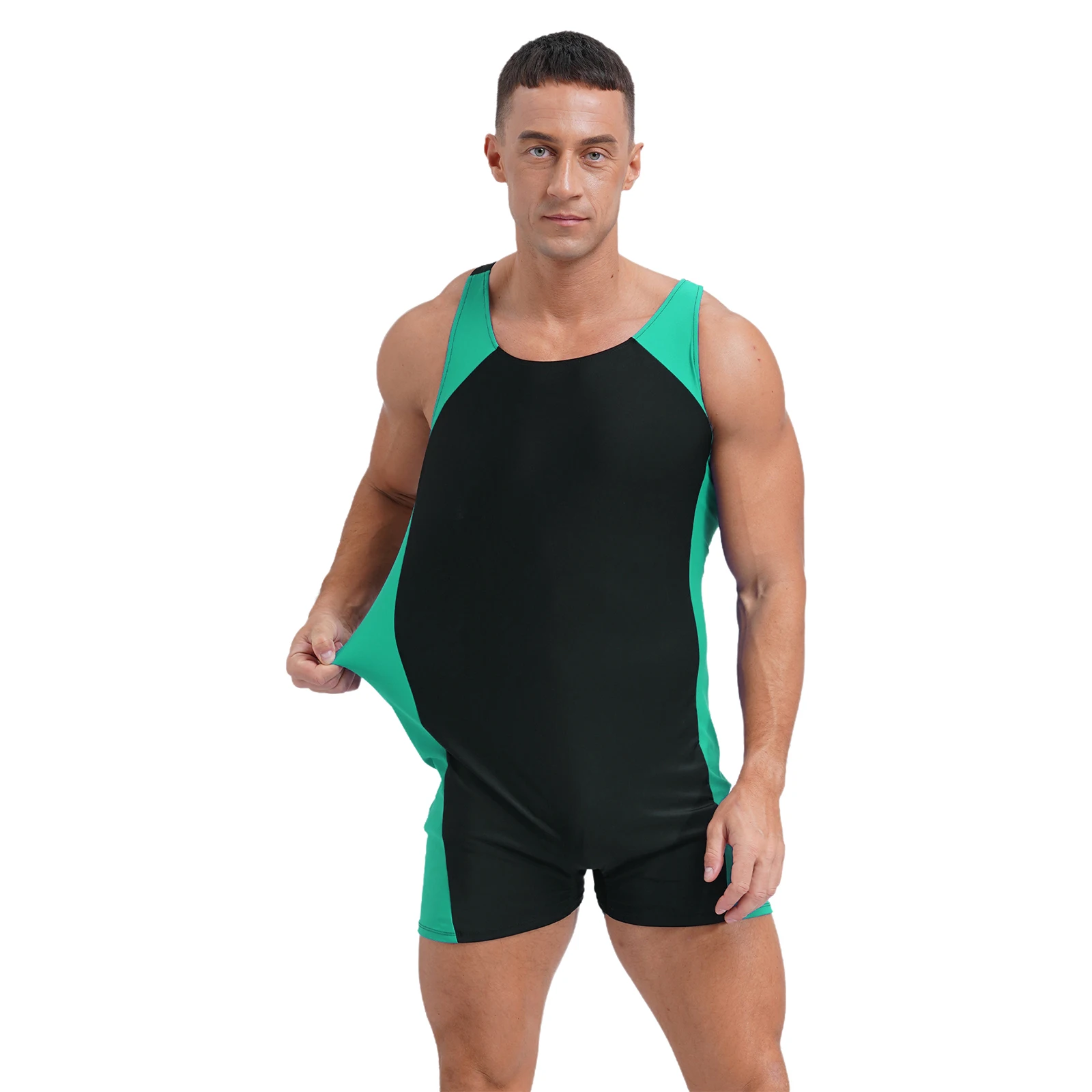 

Mens Sleeveless One-piece Jumpsuit Gym Sportwear Swimming U Neck Straps Cross at Rear Bodysuit Beach Pool Swimming Bathing Suit