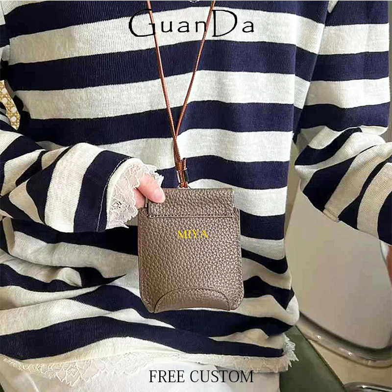 Custom Name Genuine Leather Mini Coin Purse With Neck Strap Woman Casual Luxury Portable Clip Earphone Bag Crossbody Card Wallet