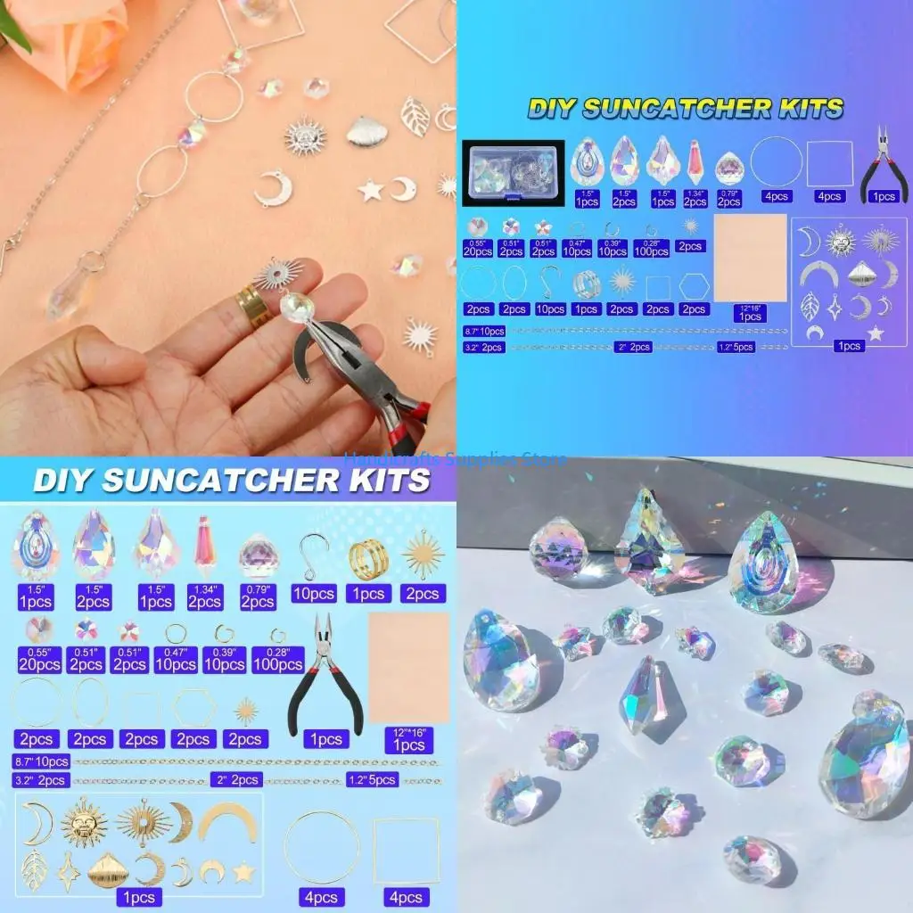 R1WA Pack of 200 Suncatchers Craft Set Sun Catchers Craft Set with Hooks Chain Crystal