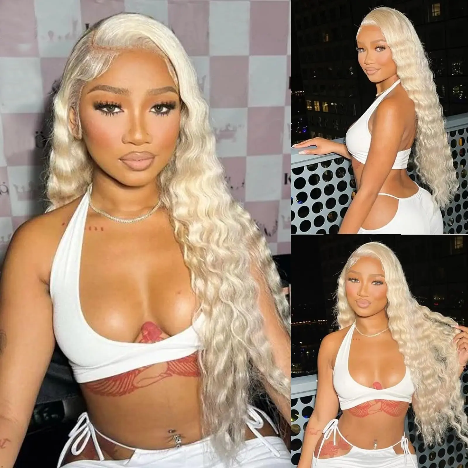 34-дюймовый парик фронта шнурка Человеческие волосы 613 13x4 Прозрачные кружева Глубокая волна 250 Плотность Свободная часть Блондинка Парики фронта шнурка Человеческие волосы