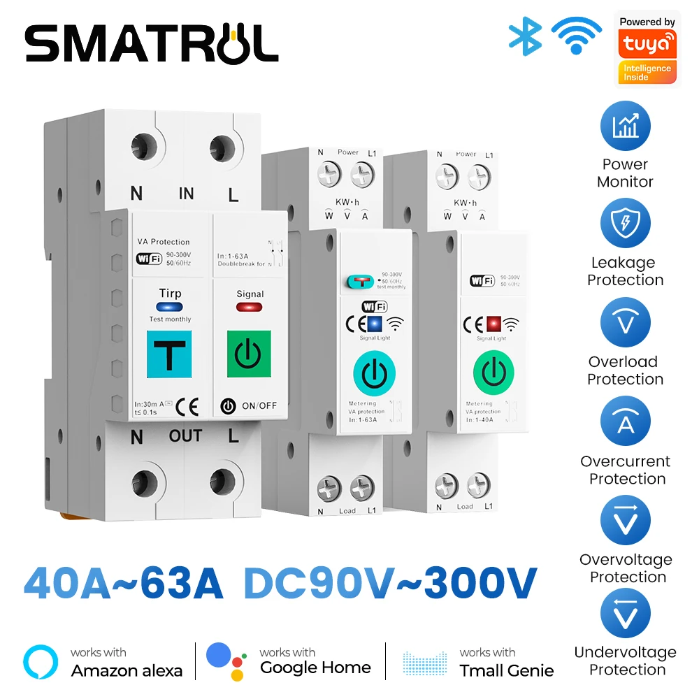 SMATRUL 1P40A 2P63A Tuya WiFi Circuit Breaker Smart Home Wireless Remote Control Smart Switch Real-Time Whole-Home Power Monitor