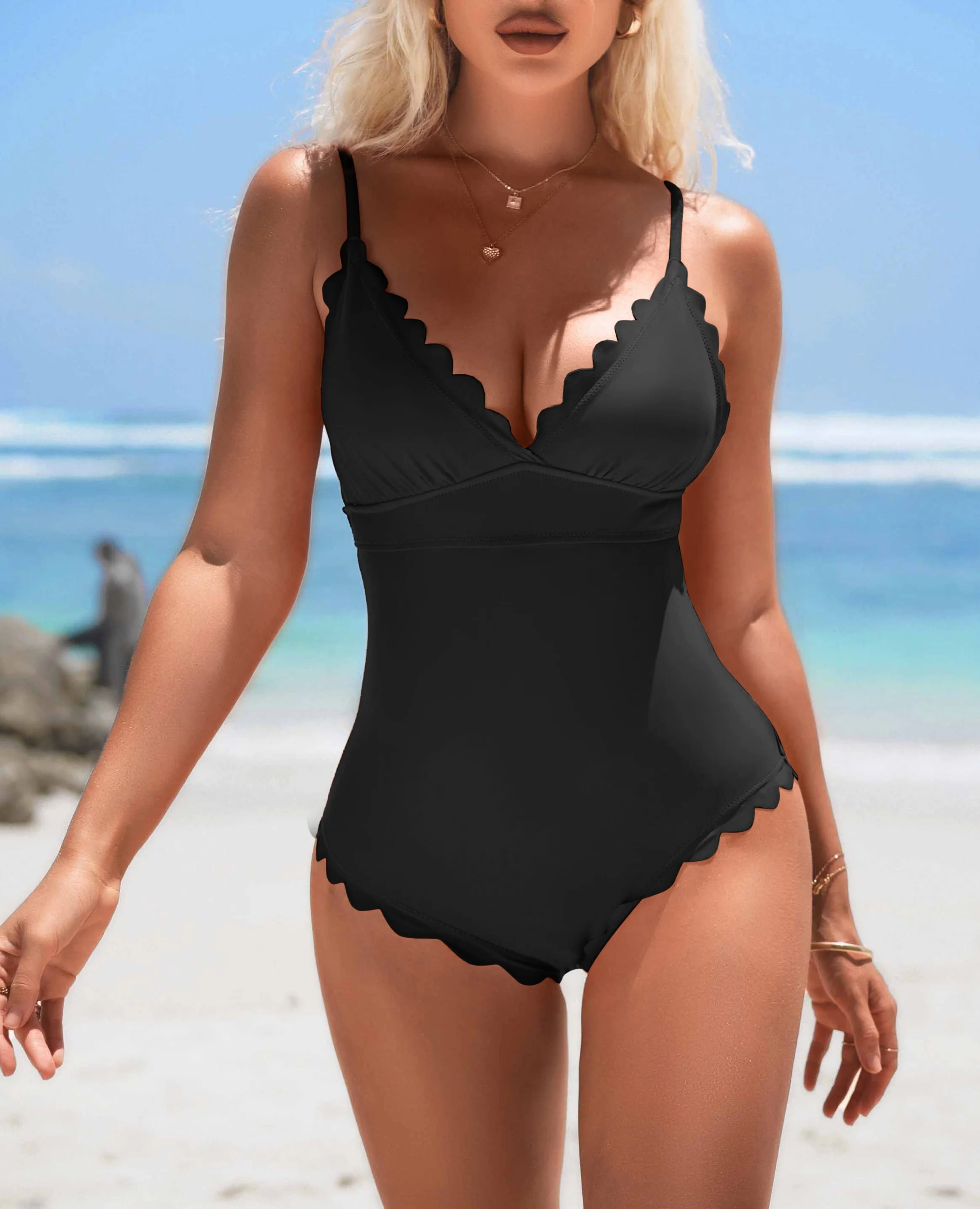 Anfilia Women Fashion One-Piece Swimsuit Solid Scalloped Trim High Elastic with Removable Padded Bathing Suit Sexy Swimwear