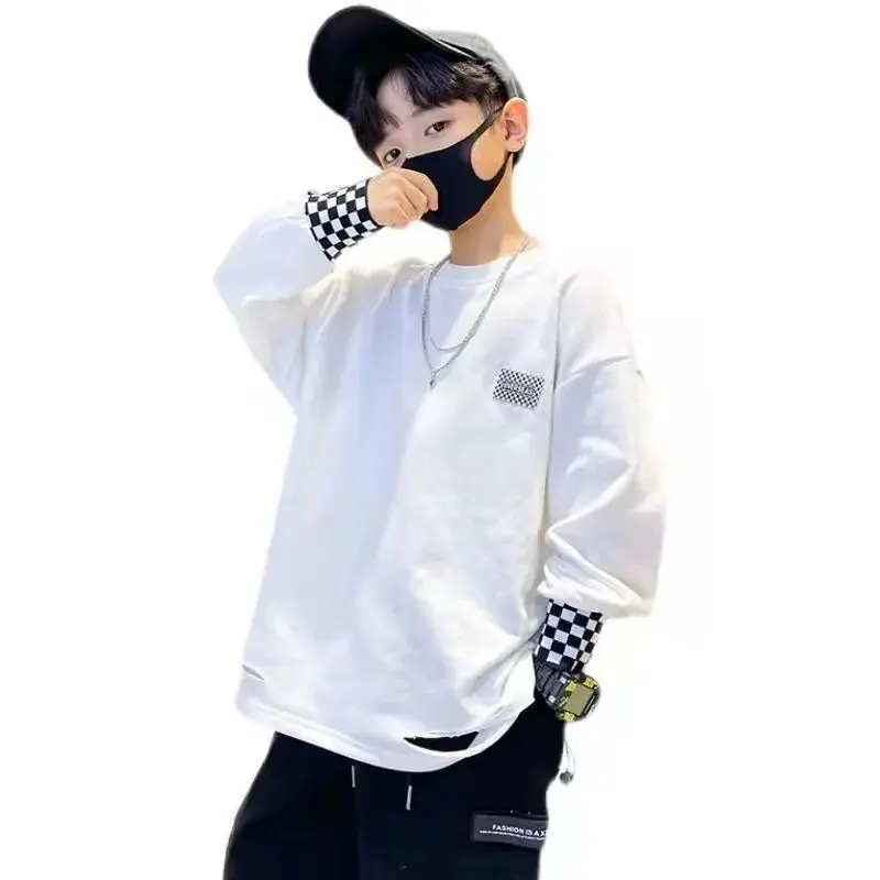 Boys Cotton T-shirt Long-sleeved New Spring and Autumn Clothing Children\'s Bottoming Shirt White Top Boy Sweater 3 4 6 8 10 12Y